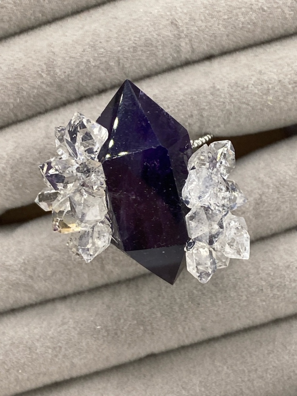 Deep Purple Amethyst & Herkimer Diamond Cluster Ring The Gem Studio